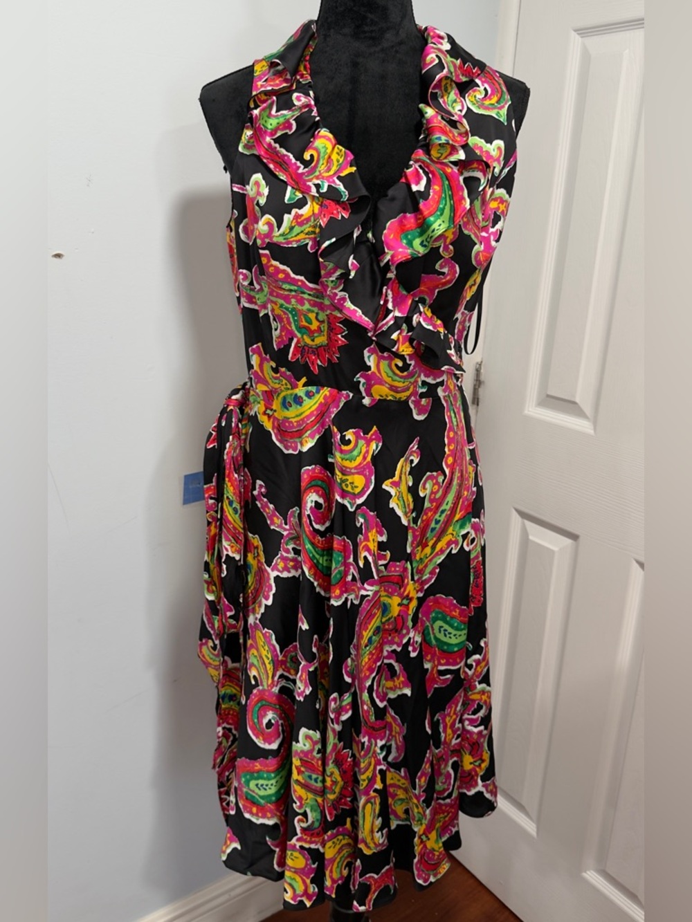 Ralph Lauren Black Sleeveless Wrap Midi Dress with Pink, Green & Yellow Paisley